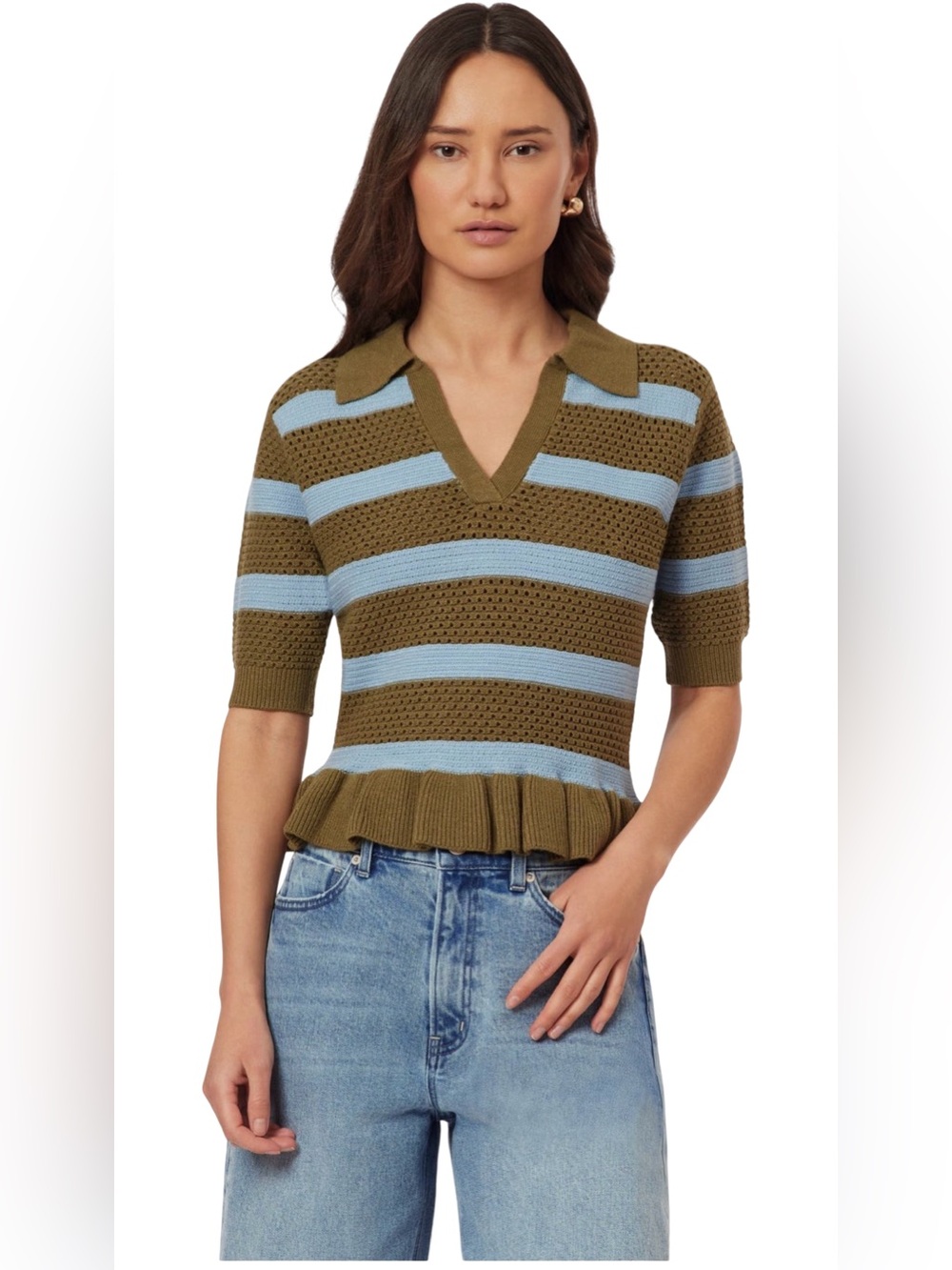 NWT Scotch & Soda Pointelle Peplum Sweater Green Moss Cerulean XS